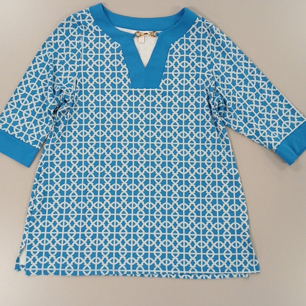 Women Charter Club Tunic Top 1X Geometric Teal Arctic Sky Polished Knit Pullover